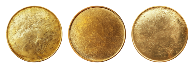 Set of realistic blank golden coins or medals isolated on white, empty metallic token template