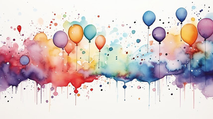 festive watercolor background children's holiday decoration with colorful balloons, greeting postcard abstract - obrazy, fototapety, plakaty