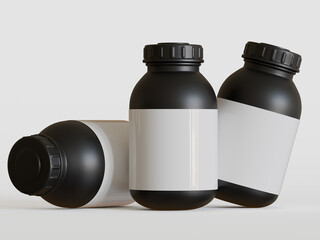 Black plastic bottle with blank label on white background, 3d rendering.