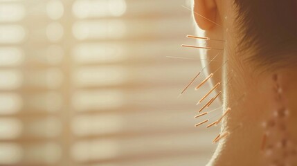 Closeup of an acupuncture session targeting low back pain relief, with focus on precision and patients serene expression