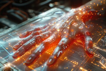 A robot hand touching a touch screen pad of a control system with neon light, isolated on a black background. Generative AI.