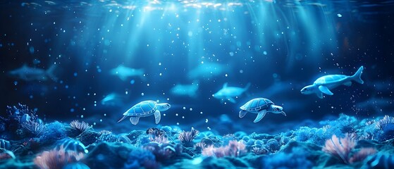 Underwater Dreamscape with Turtles & Sharks. Concept Underwater Photography, Marine Life, Ocean Wildlife, Underwater Scenes, Underwater Exploration