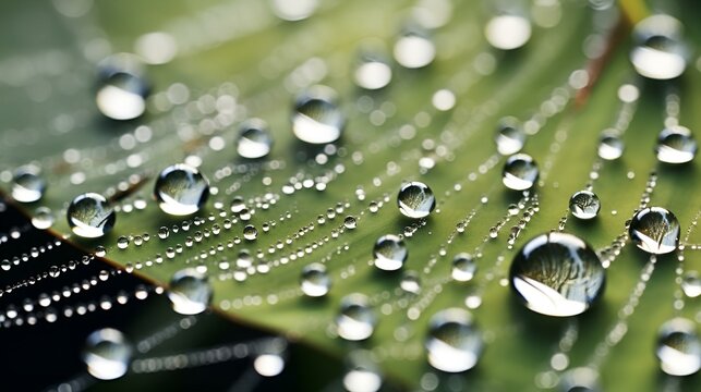 Close Up of Water Droplets on a Green Leaf. Generative AI.
