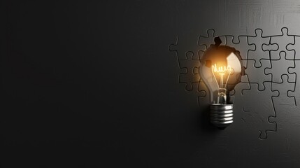 Puzzle pieces forming a light bulb, one gap left, on a stark black background, illustrating the journey to a bright idea