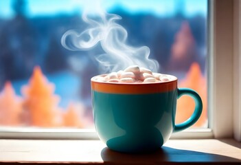 A Steaming Mug Of Hot Cocoa On A Cozy Cafe Table
