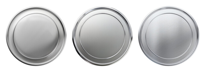 Set of realistic blank silver coins or medals isolated on white, empty metallic token template