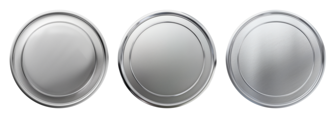 Set of realistic blank silver coins or medals isolated on white, empty metallic token template