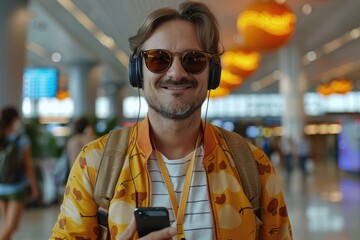 happy man in bright comfy clothes and headphones in the airport using smartphone. ai generated