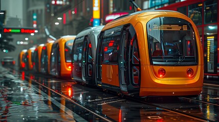 A row of colorful, self-driving electric buses lined up at a futuristic transportation hub. - obrazy, fototapety, plakaty