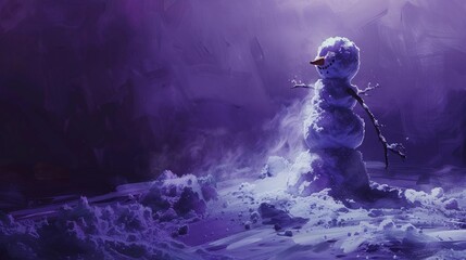 The silhouette of a snowman, barely recognizable as it melts away, a poignant scene on a deep purple background