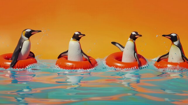 Penguins in swim rings and snorkels, diving into fun, depicted against a vibrant orange background for a sunset scene