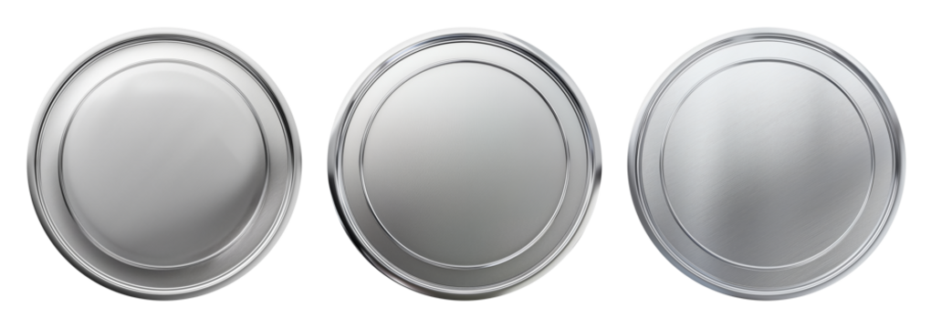 Set of realistic blank silver coins or medals isolated on white, empty metallic token template