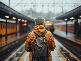 elder man with gray hair, yellow raincoat and backpack seen from behind on the platform of a train station on a rainy overcast cloudy day - obrazy, fototapety, plakaty
