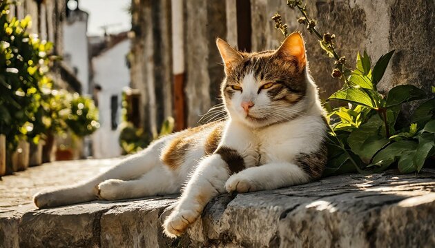 Numa rua tranquila, um gato pregui&ccedil;oso se espregui&ccedil;a pregui&ccedil;osamente ao sol, desfrutando do calor e da paz da tarde. 