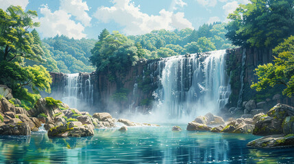 Fototapeta premium watercolor painted illustration of a waterfall