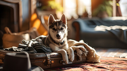 A husky dog travels in a suitcase, accompanied by pets. generative AI - 786215815