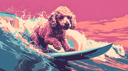 The Poodle puppy is spotted surfing in the ocean, creating big splashes with vibrant pink and blue colors. generative AI