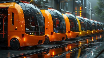 A row of colorful, self-driving electric buses lined up at a futuristic transportation hub.