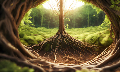 A round root shows big trees grasping soil roots in sunlight, Beauty and tranquillity of nature