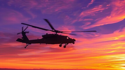 A dynamic angle capturing the Apache ascending into a sky painted with streaks of orange and purple, its formidable presence a stark contrast to the peaceful close of the day.