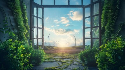 Fototapeta premium An artistic interpretation of a door swung wide open, presenting a vision of renewable energy and green technologies