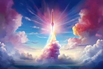 Futuristic scene with a shiny rocket launching into space, surrounded by cotton candy clouds  - obrazy, fototapety, plakaty