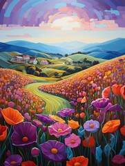 A breathtaking landscape of rolling hills and vibrant flowers - obrazy, fototapety, plakaty