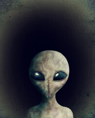 Space, alien and face of futuristic sci fi character from galaxy, universe or dark secret...