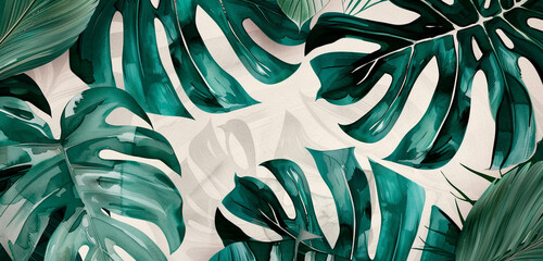 Abstract art tropical leaves background vector. Wallpaper design with watercolor art texture from palm leaves, Jungle leaves, monstera leaf, exotic botanical floral pattern - obrazy, fototapety, plakaty