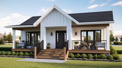 Modern farmhouse exterior with contemporary design featuring front door porch in architectural style - obrazy, fototapety, plakaty