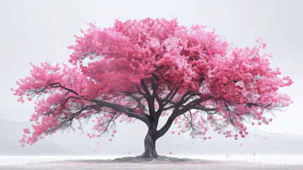 Surreal pink tree with vibrant leaves against a soft mountain backdrop