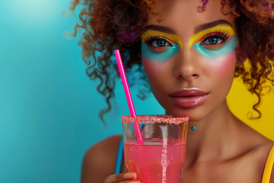 A young girl with vibrant, tropical-themed makeup sips on a pink juice against a backdrop of dark yellow and light azure, capturing the essence of tropical paradise in a single image.




