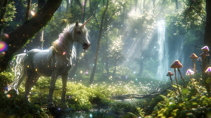 Enchanting unicorn in a magical forest glade with cascading waterfall and ethereal sunlight - obrazy, fototapety, plakaty