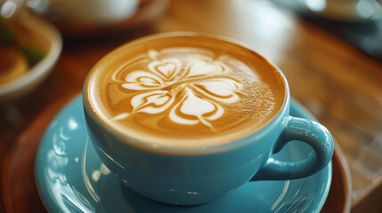 Close-up of a fresh aromatic cup of coffee with intricate latte art - obrazy, fototapety, plakaty