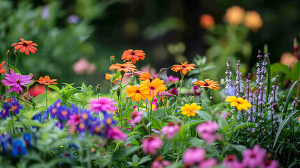 Fototapeta premium Vibrant garden scene with colorful flowers and hovering hummingbird