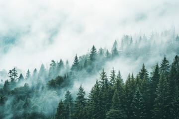 Misty foggy mountain landscape with fir forest and copyspace.