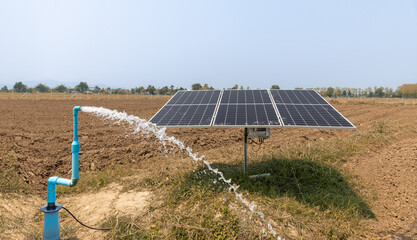 Fototapeta premium Solar panel for groundwater pump in agricultural field during drought by El Nino phenomenon.