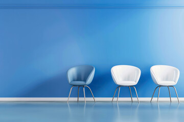 Modern blue and white chairs standing in interior empty blue room for copy space.