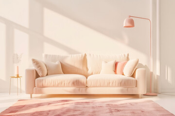 Fototapeta na wymiar Peach lamp above beige couch and pink rug against plastic tubes in simple living room interior with copy space.