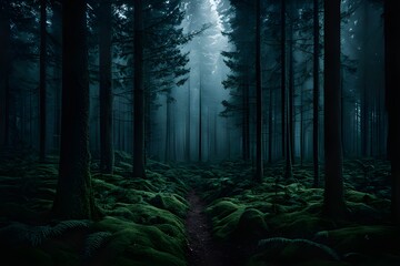 Dark and moody Ethereal forest pathway shrouded in mist, with lush green moss and soft light filtering through towering trees. generative ai
