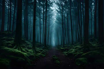 Dark and moody Ethereal forest pathway shrouded in mist, with lush green moss and soft light filtering through towering trees. generative ai