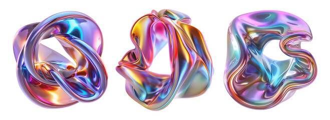 Set of holographic iridescent futuristic liquid shapes, abstract modern 3D isolated design elements