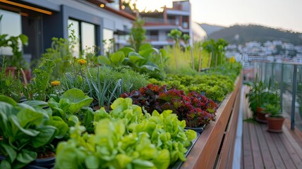 A garden with many different types of plants, including lettuce and herbs