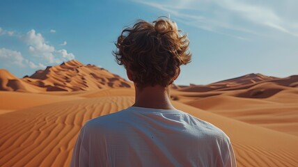 A man stands in the desert with his back to the camera