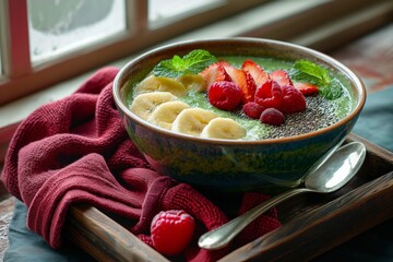 Smoothie bowl with spirulina and fruits on a wooden tray with a spoon and a red towel near the window. Concept nutritional supplements, healthy food, product for detox or superfoods, healthy breakfast