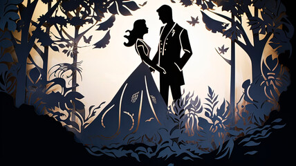 A couple is standing in a forest, with the man wearing a suit - 786217827