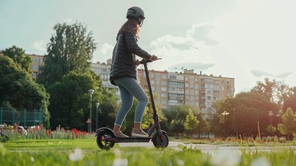 A woman is riding a scooter in a park - 786217828