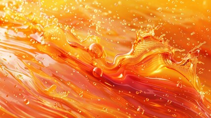 A splash of orange liquid with bubbles floating in the air