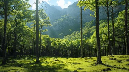 A lush green forest with a mountain in the background - 786217842