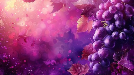 A purple background with a bunch of grapes and leaves